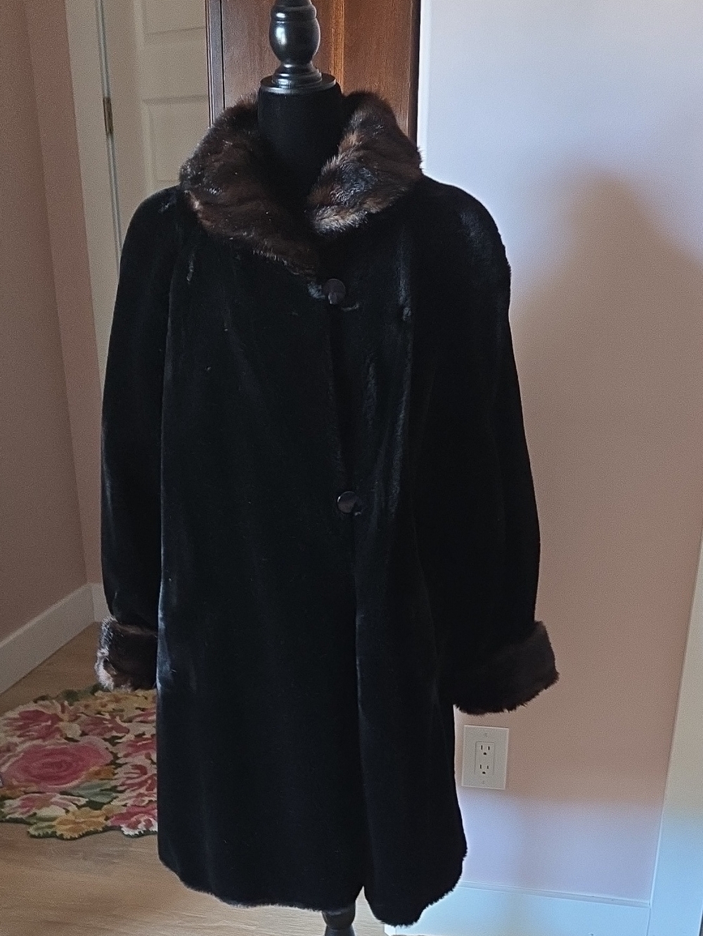 Classic Black Swing Faux Fur Coat with Brown Fur Trim Small